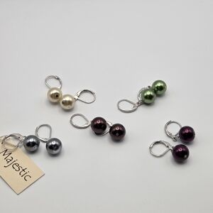 Majestic Pearl Drop Earrings Set Of 5- Silver, Green, Purple, Cream & Bronze